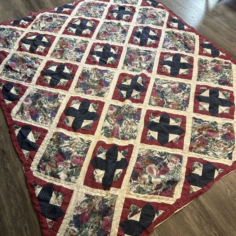 Vtg Twin Handmade Quilt Burgundy And Blue Floral 80x64 Twin Cottage Country